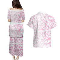 Pink New Zealand Puhoro Maori Tattoo Couples Matching Puletasi and Hawaiian Shirt