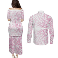 Pink New Zealand Puhoro Maori Tattoo Couples Matching Puletasi and Long Sleeve Button Shirt