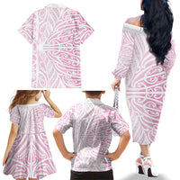 Pink New Zealand Puhoro Maori Tattoo Family Matching Off The Shoulder Long Sleeve Dress and Hawaiian Shirt