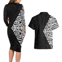 Black New Zealand Puhoro Maori Tattoo Couples Matching Long Sleeve Bodycon Dress and Hawaiian Shirt