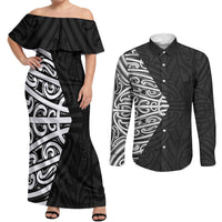 Black New Zealand Puhoro Maori Tattoo Couples Matching Off Shoulder Maxi Dress and Long Sleeve Button Shirt LT14 Black - Polynesian Pride