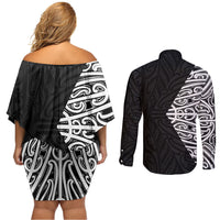 Black New Zealand Puhoro Maori Tattoo Couples Matching Off Shoulder Short Dress and Long Sleeve Button Shirt