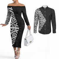 Black New Zealand Puhoro Maori Tattoo Couples Matching Off The Shoulder Long Sleeve Dress and Long Sleeve Button Shirt LT14 Black - Polynesian Pride