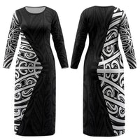 Black New Zealand Puhoro Maori Tattoo Family Matching Long Sleeve Bodycon Dress and Hawaiian Shirt LT14 Mom's Dress Black - Polynesian Pride