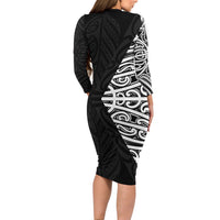 Black New Zealand Puhoro Maori Tattoo Family Matching Long Sleeve Bodycon Dress and Hawaiian Shirt