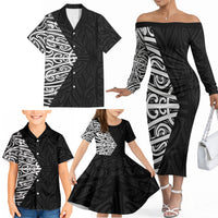 Black New Zealand Puhoro Maori Tattoo Family Matching Off The Shoulder Long Sleeve Dress and Hawaiian Shirt LT14 - Polynesian Pride
