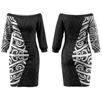 Black New Zealand Puhoro Maori Tattoo Family Matching Off The Shoulder Long Sleeve Dress and Hawaiian Shirt LT14 Mom's Dress Black - Polynesian Pride