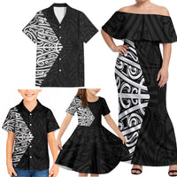Black New Zealand Puhoro Maori Tattoo Family Matching Off Shoulder Maxi Dress and Hawaiian Shirt LT14 - Polynesian Pride
