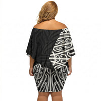 Black New Zealand Puhoro Maori Tattoo Off Shoulder Short Dress LT14 - Polynesian Pride