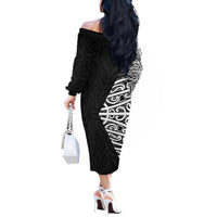 Black New Zealand Puhoro Maori Tattoo Off The Shoulder Long Sleeve Dress