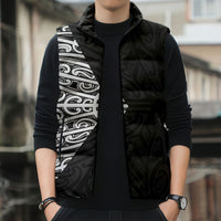 Black New Zealand Puhoro Maori Tattoo Sleeveless Puffer Jacket