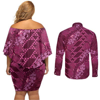 Pink Aloha Hawaii Couples Matching Off Shoulder Short Dress and Long Sleeve Button Shirt Hawaiian Kakau Ohia Lehua Lei - Polynesian Pride