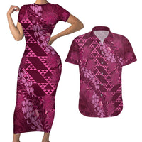 Pink Aloha Hawaii Couples Matching Short Sleeve Bodycon Dress and Hawaiian Shirt Hawaiian Kakau Ohia Lehua Lei - Polynesian Pride
