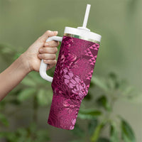 Pink Aloha Hawaii Tumbler With Handle Hawaiian Kakau Ohia Lehua Lei - Polynesian Pride