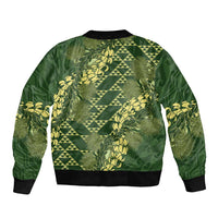 Green Aloha Hawaii Bomber Jacket Hawaiian Kakau Ohia Lehua Lei - Polynesian Pride