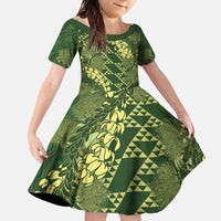 Green Aloha Hawaii Family Matching Long Sleeve Bodycon Dress and Hawaiian Shirt Hawaiian Kakau Ohia Lehua Lei LT14 Daughter's Dress Green - Polynesian Pride