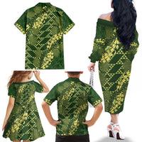Green Aloha Hawaii Family Matching Off The Shoulder Long Sleeve Dress and Hawaiian Shirt Hawaiian Kakau Ohia Lehua Lei - Polynesian Pride