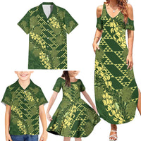 Green Aloha Hawaii Family Matching Summer Maxi Dress and Hawaiian Shirt Hawaiian Kakau Ohia Lehua Lei - Polynesian Pride
