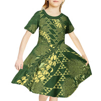Green Aloha Hawaii Kid Short Sleeve Dress Hawaiian Kakau Ohia Lehua Lei - Polynesian Pride