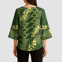 Green Aloha Hawaii Kimono Sleeve Blouse Hawaiian Kakau Ohia Lehua Lei - Polynesian Pride