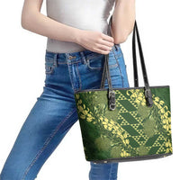 Green Aloha Hawaii Leather Tote Bag Hawaiian Kakau Ohia Lehua Lei - Polynesian Pride