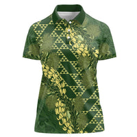 Green Aloha Hawaii Women Polo Shirt Hawaiian Kakau Ohia Lehua Lei - Polynesian Pride