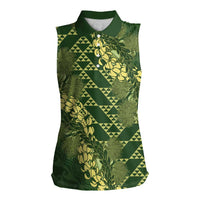 Green Aloha Hawaii Women Sleeveless Polo Shirt Hawaiian Kakau Ohia Lehua Lei - Polynesian Pride
