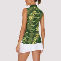 Green Aloha Hawaii Women Sleeveless Polo Shirt Hawaiian Kakau Ohia Lehua Lei - Polynesian Pride