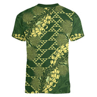 Green Aloha Hawaii Women V-Neck T-Shirt Hawaiian Kakau Ohia Lehua Lei - Polynesian Pride