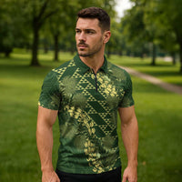 Green Aloha Hawaii Zipper Polo Shirt Hawaiian Kakau Ohia Lehua Lei - Polynesian Pride