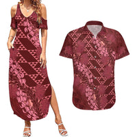 Maroon Aloha Hawaii Couples Matching Summer Maxi Dress and Hawaiian Shirt Hawaiian Kakau Ohia Lehua Lei - Polynesian Pride