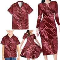 Maroon Aloha Hawaii Family Matching Long Sleeve Bodycon Dress and Hawaiian Shirt Hawaiian Kakau Ohia Lehua Lei - Polynesian Pride