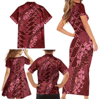Maroon Aloha Hawaii Family Matching Short Sleeve Bodycon Dress and Hawaiian Shirt Hawaiian Kakau Ohia Lehua Lei - Polynesian Pride