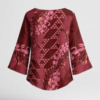 Maroon Aloha Hawaii Kimono Sleeve Blouse Hawaiian Kakau Ohia Lehua Lei - Polynesian Pride