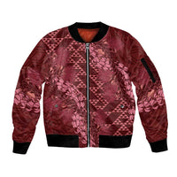 Maroon Aloha Hawaii Sleeve Zip Bomber Jacket Hawaiian Kakau Ohia Lehua Lei - Polynesian Pride