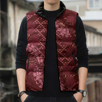 Maroon Aloha Hawaii Sleeveless Puffer Jacket Hawaiian Kakau Ohia Lehua Lei - Polynesian Pride