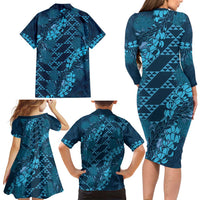 Naval Night Aloha Hawaii Family Matching Long Sleeve Bodycon Dress and Hawaiian Shirt Hawaiian Kakau Ohia Lehua Lei - Polynesian Pride