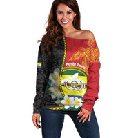 Personalised PNG Morobe Provins Off Shoulder Sweater Papua New Guinea Plumeria Melanesian Pattern - Polynesian Pride