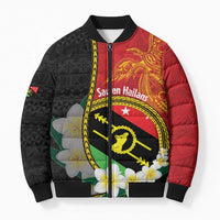 Personalised PNG Sauten Hailans Bomber Puffer Jacket Papua New Guinea Plumeria Melanesian Pattern - Polynesian Pride