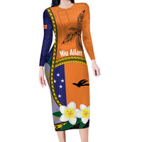 Personalised PNG Niu Ailan Long Sleeve Bodycon Dress Papua New Guinea Plumeria Melanesian Pattern - Polynesian Pride