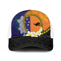 PNG Niu Ailan Mesh Trucker Cap Papua New Guinea Plumeria Melanesian Pattern - Polynesian Pride