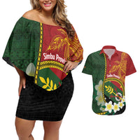 Personalised PNG Simbu Provins Couples Matching Off Shoulder Short Dress and Hawaiian Shirt Papua New Guinea Plumeria Melanesian Pattern - Polynesian Pride