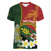 Personalised PNG Simbu Provins Women V-Neck T-Shirt Papua New Guinea Plumeria Melanesian Pattern - Polynesian Pride