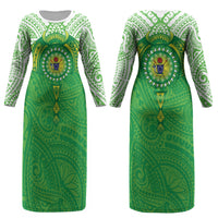 Cook Islands Manta Ray Couples Matching Long Sleeve Bodycon Dress and Hawaiian Shirt Kuki Airani Tattoo Green Color LT14 - Polynesian Pride