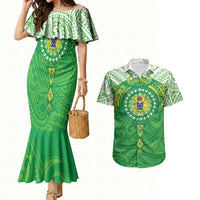 Cook Islands Manta Ray Couples Matching Mermaid Dress and Hawaiian Shirt Kuki Airani Tattoo Green Color LT14 Green - Polynesian Pride