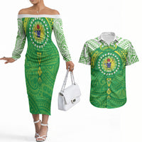 Cook Islands Manta Ray Couples Matching Off The Shoulder Long Sleeve Dress and Hawaiian Shirt Kuki Airani Tattoo Green Color LT14 Green - Polynesian Pride