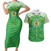 Cook Islands Manta Ray Couples Matching Short Sleeve Bodycon Dress and Hawaiian Shirt Kuki Airani Tattoo Green Color LT14 Green - Polynesian Pride