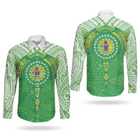 Cook Islands Manta Ray Couples Matching Short Sleeve Bodycon Dress and Long Sleeve Button Shirt Kuki Airani Tattoo Green Color LT14 - Polynesian Pride