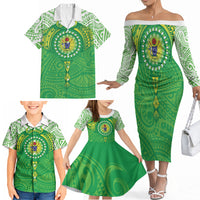 Cook Islands Manta Ray Family Matching Off The Shoulder Long Sleeve Dress and Hawaiian Shirt Kuki Airani Tattoo Green Color LT14 - Polynesian Pride