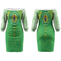 Cook Islands Manta Ray Family Matching Off The Shoulder Long Sleeve Dress and Hawaiian Shirt Kuki Airani Tattoo Green Color LT14 Mom's Dress Green - Polynesian Pride